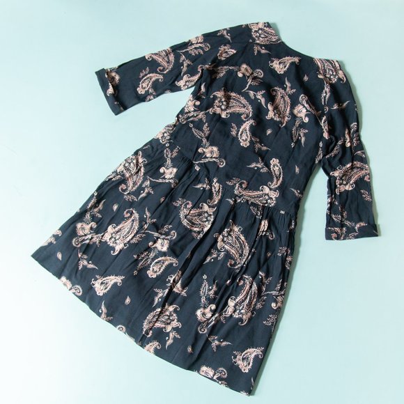 Garnet Hill Navy Blue Bohemian Pocket 3/4 Sleeve Pink Paisley Print Dress Sz 2 - Picture 9 of 9